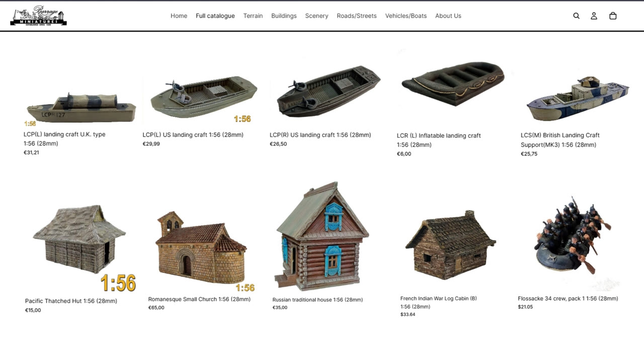 Filtering and sorting the full 200-product catalogue on Barrage Miniatures