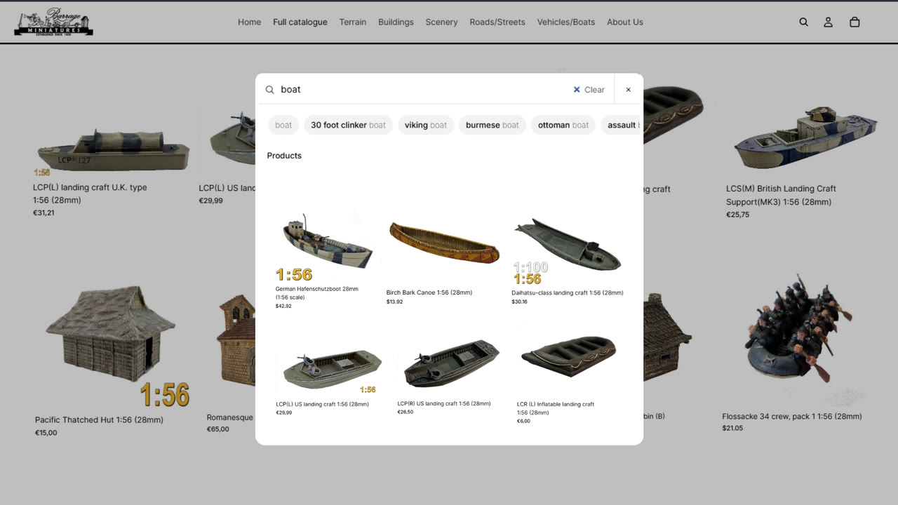 Typing a predictive search query on Barrage Miniatures