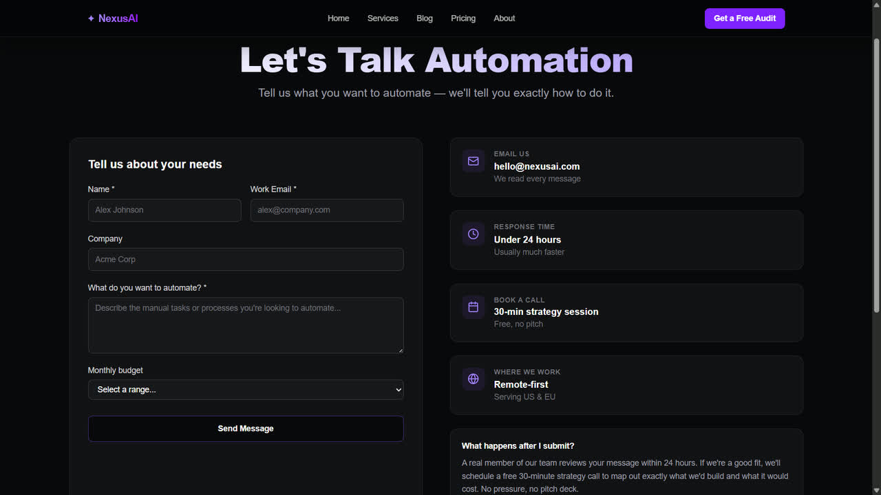 NexusAI contact form - Let's Talk Automation, with response time and FAQ sidebar