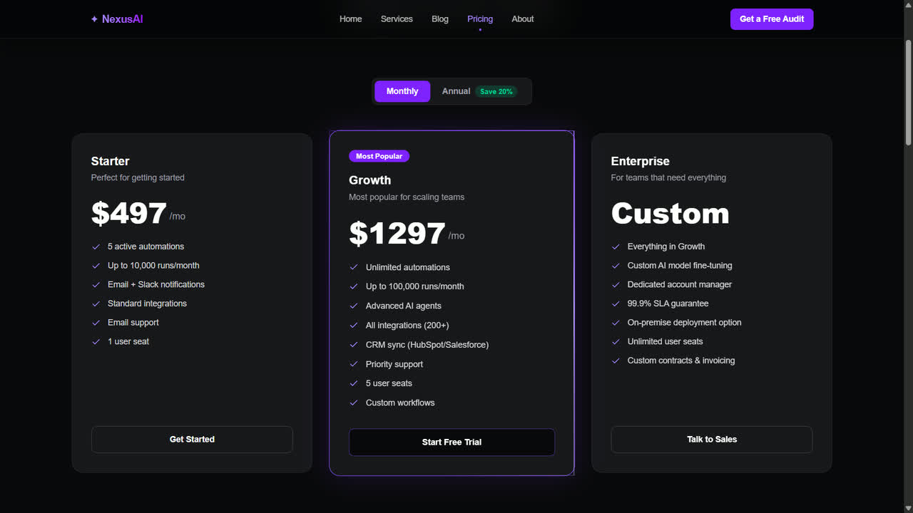 NexusAI pricing tiers - Starter, Growth and Enterprise plans with a monthly/annual toggle
